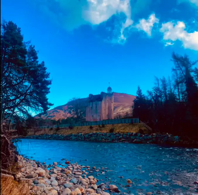 View of River Dee and Abergeldie Castle on the Snow Roads