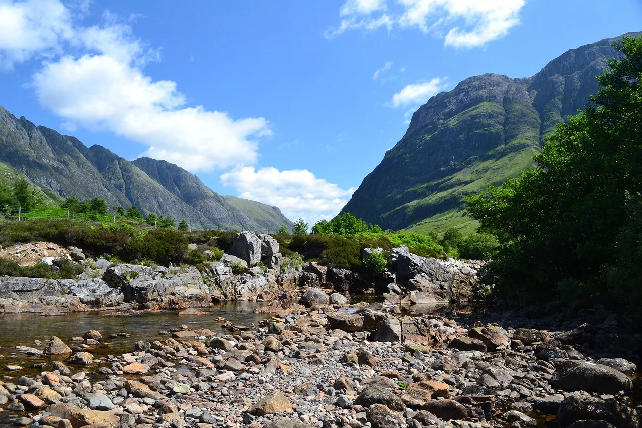 Glen Nevis Fort William. Stones and river in foreground and mountains in the background