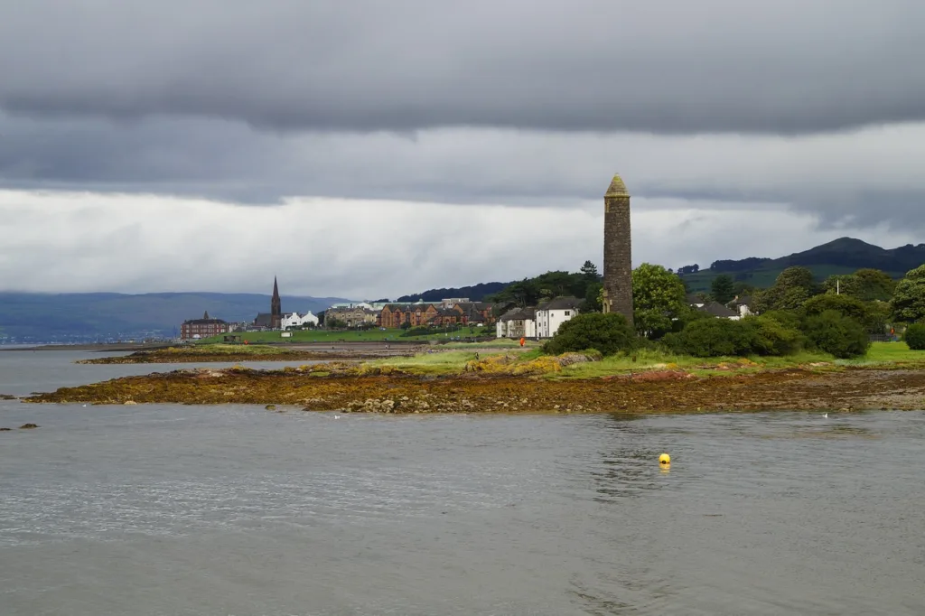 View of the town of Largs. Monumrnet and chapel can be seen on the shoreline